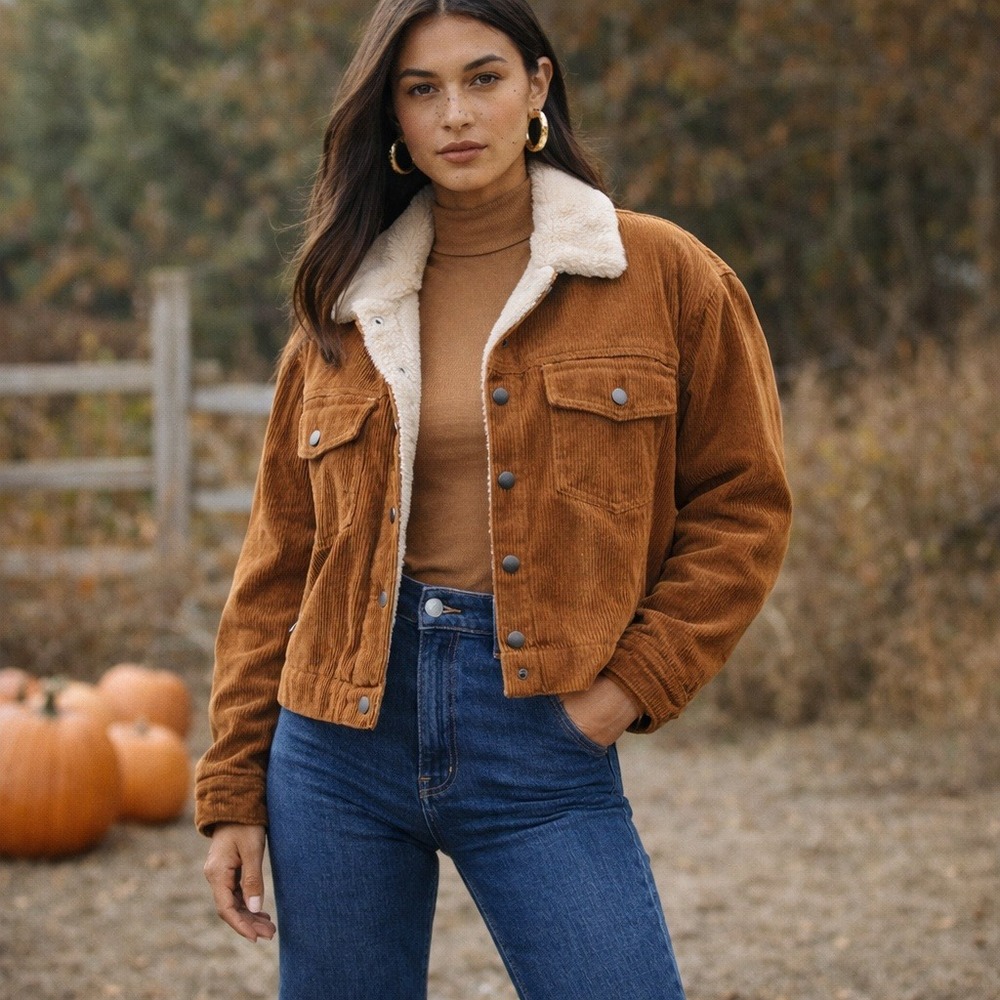 CI Sono Corduroy Sherpa Trucker‎ Jacket Women's Large Cognac Brown 70s Style